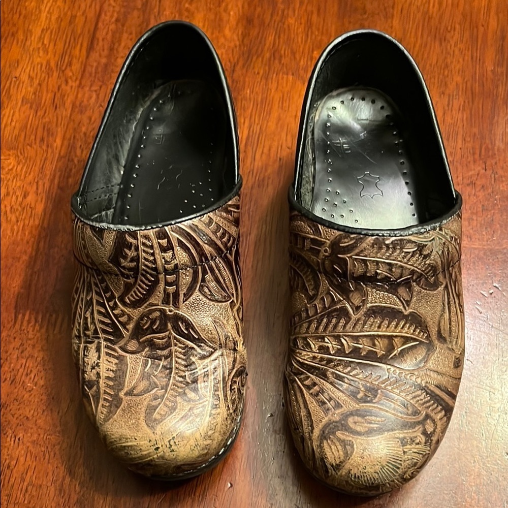 Dansko Brown Leather Clogs with Intricate Pattern Size 36